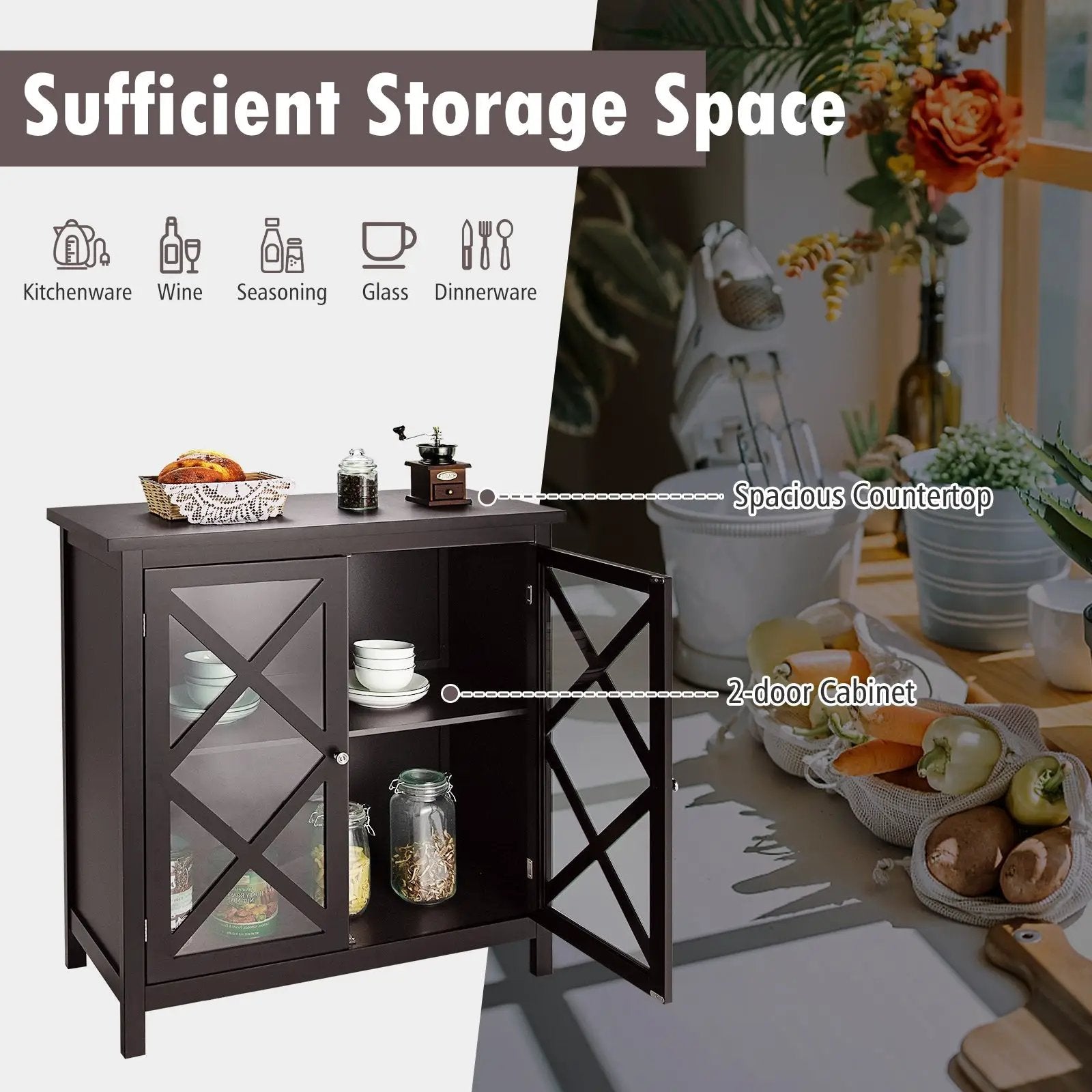 Freestanding Kitchen Buffet Cabinet with Glass Doors and Adjustable Shelf by DirectDeals