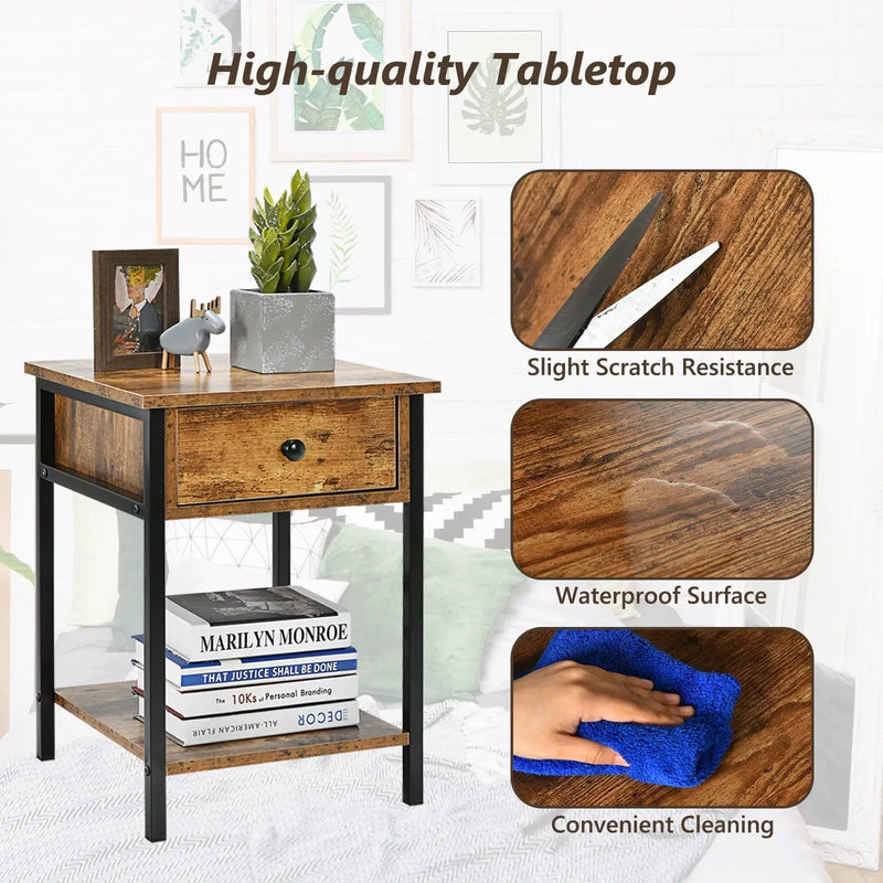 Industrial End Side Table Nightstand with Drawer Shelf by DirectDeals