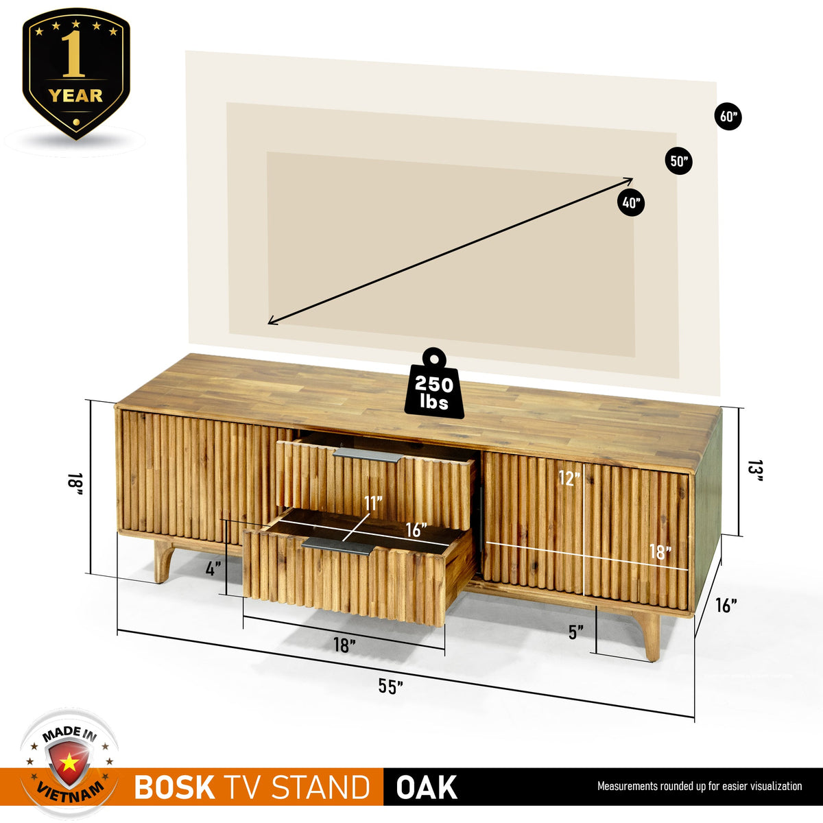 Bosk Wood Fluted TV Stand, dimensions drawing
