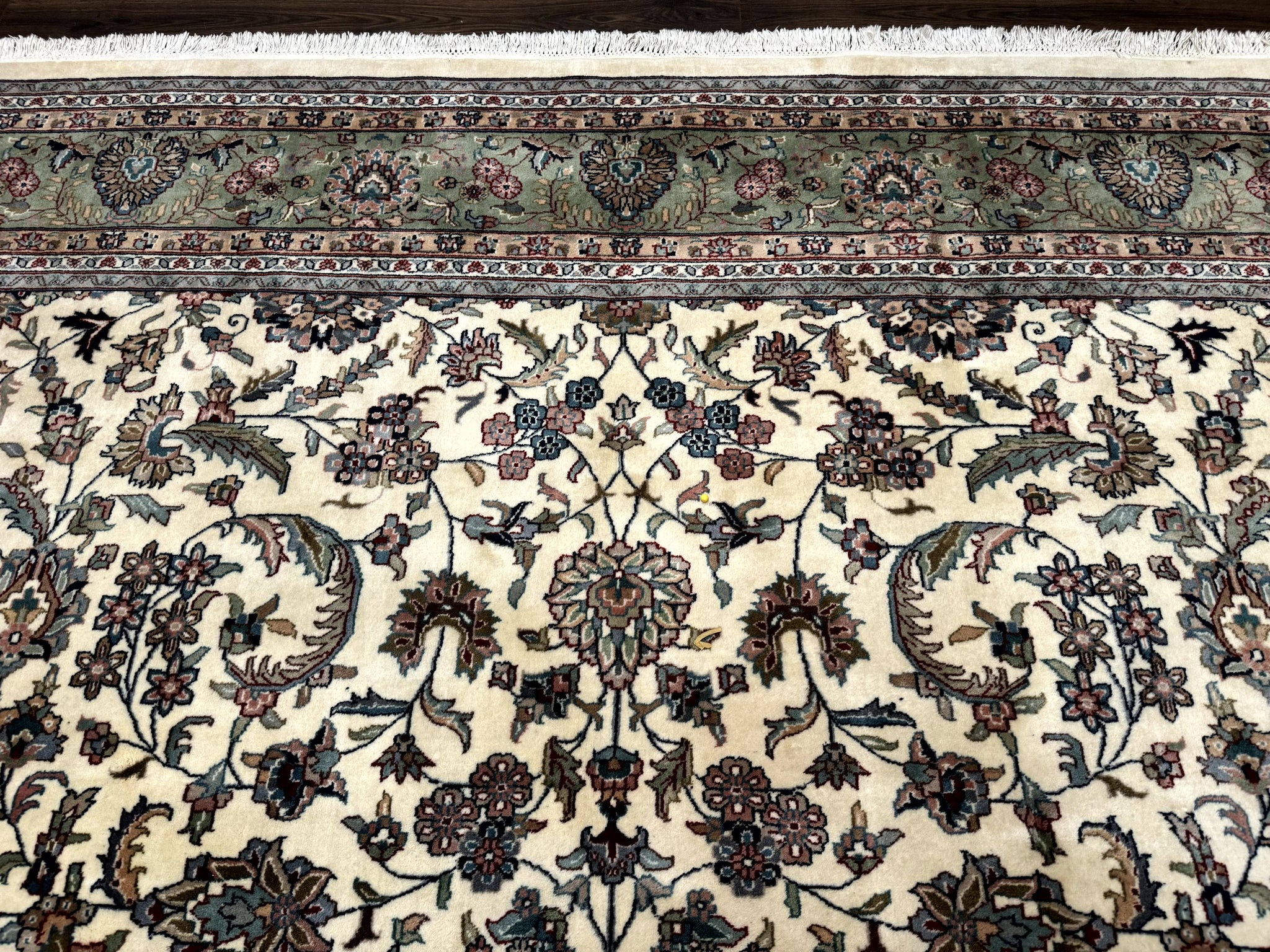 Indo Persian Rug 9x12, Allover Floral Pattern, Ivory & Green, Traditional Oriental Carpet by Jewel Rugs