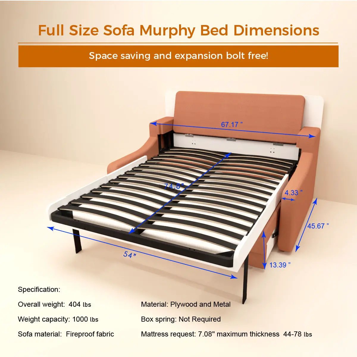 Morden Deisgn Vertical Murphy Bed With Sofa For Bedroom Or Guestroom White Wall Bed Space Saving Hidden Bed With New Style Gas Struts - Orange by HouseOfZazla