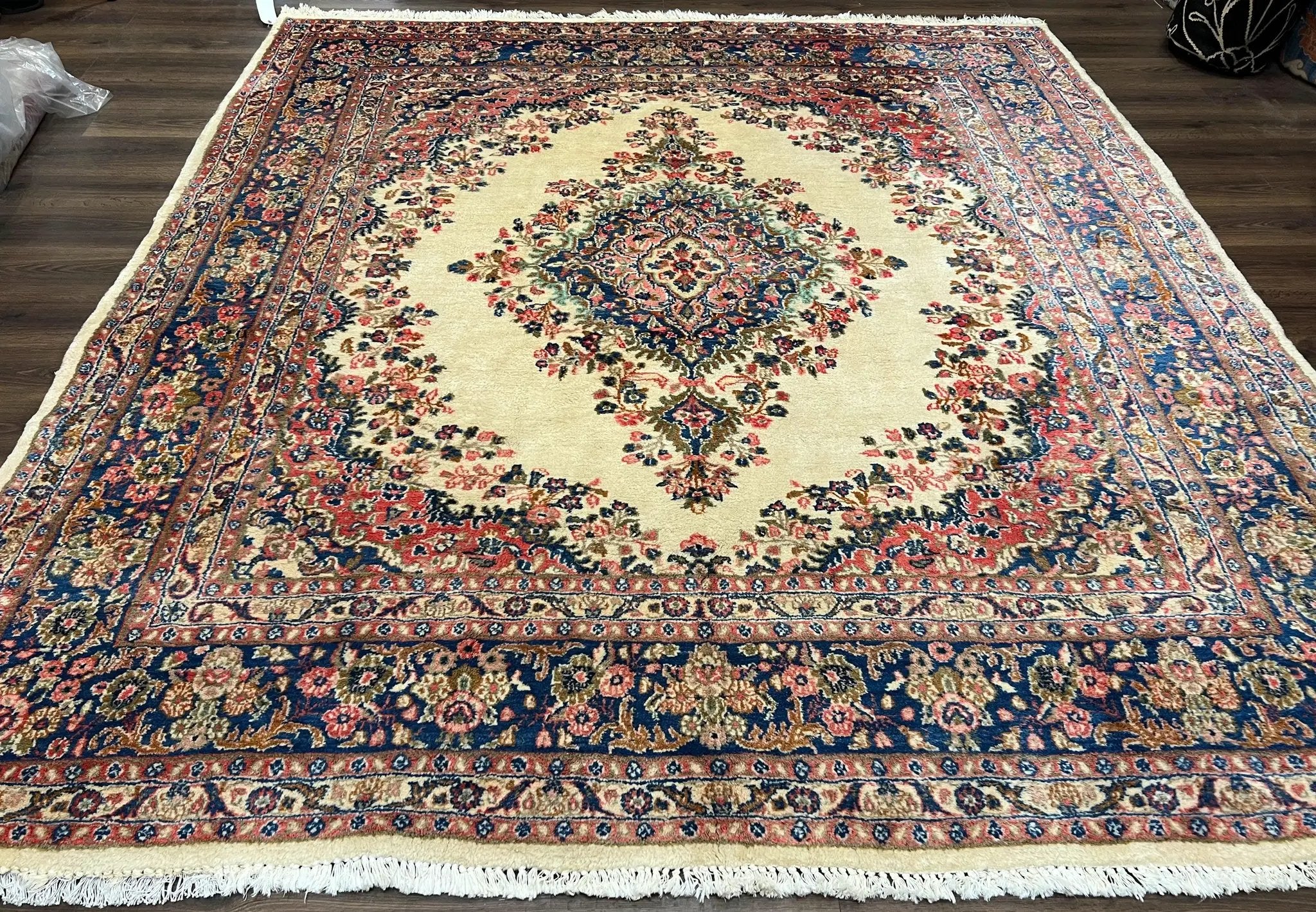 Persian Rug 9x10, Hamadan Rug, Antique Oriental Carpet, Wool Rug, Semi Open Field, Cream and Navy Blue, Kirman Design Hand Knotted Almost Square Rug by Jewel Rugs