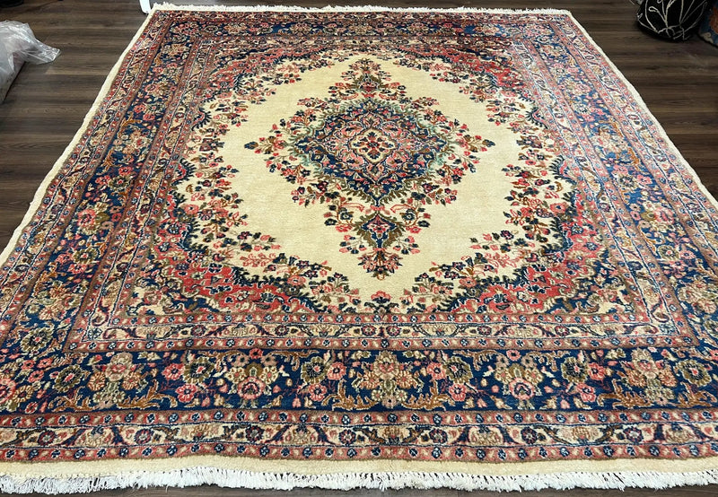 Persian Rug 9x10, Hamadan Rug, Antique Oriental Carpet, Wool Rug, Semi Open Field, Cream and Navy Blue, Kirman Design Hand Knotted Almost Square Rug by Jewel Rugs