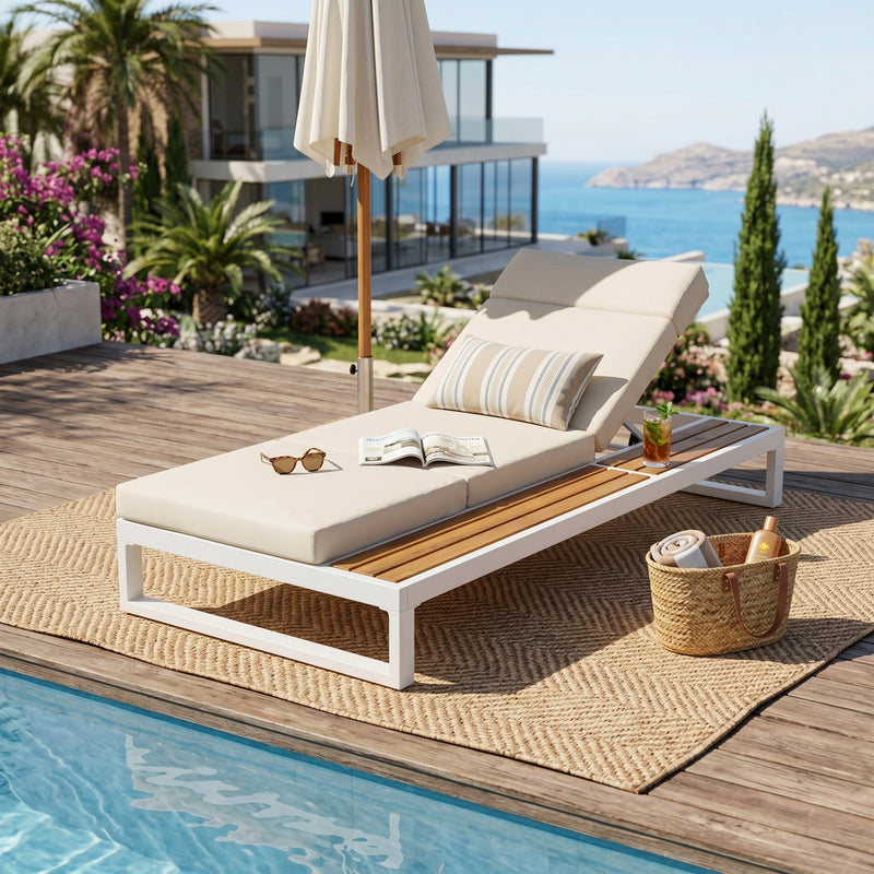 White Iron & Teak Finish Chaise Lounge Set: 1 Frame + 1 4-Fold by HouseOfZazla