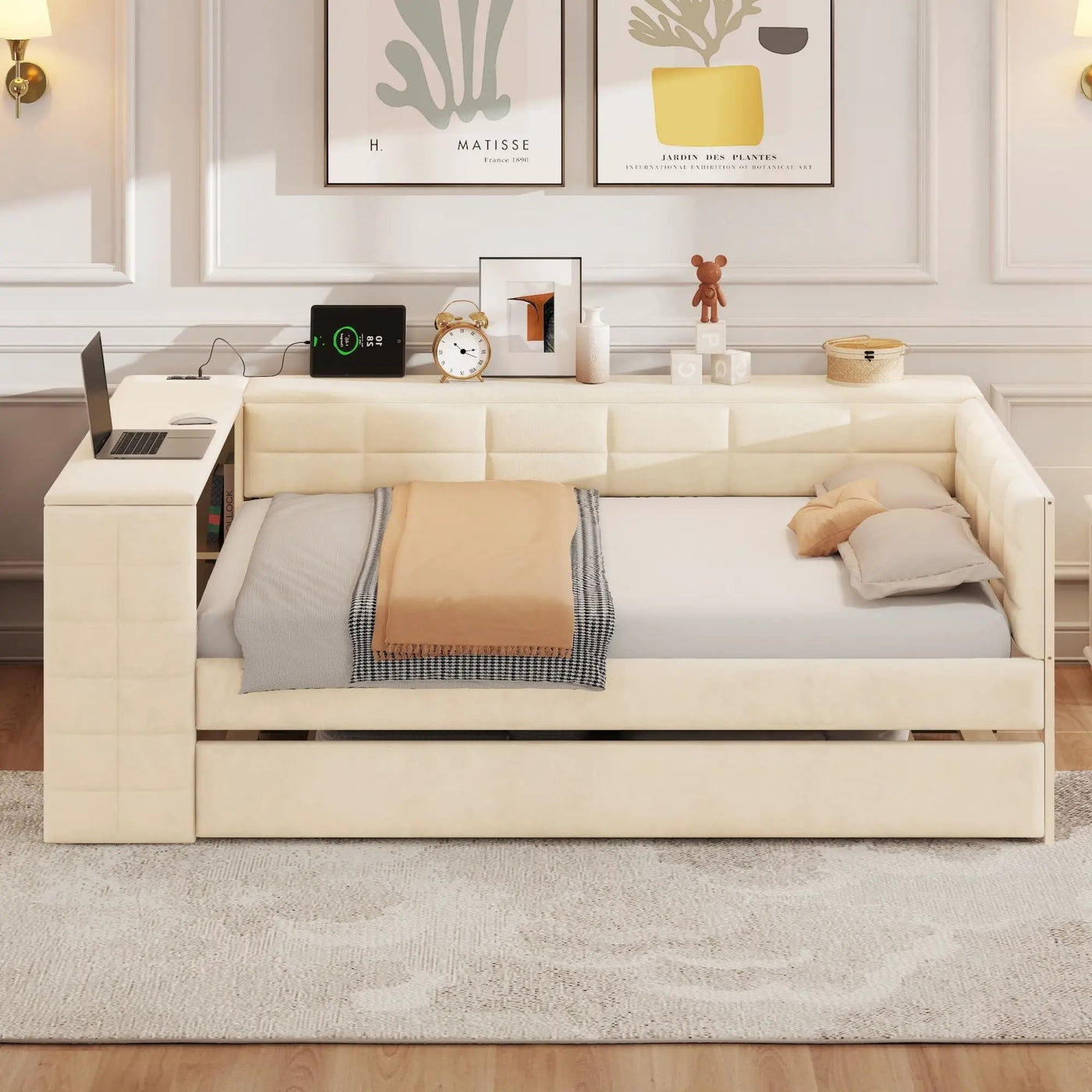 Upholstered Platform Bed With Storage Shelves, Desk, Charging Station And Trundle by HouseOfZazla