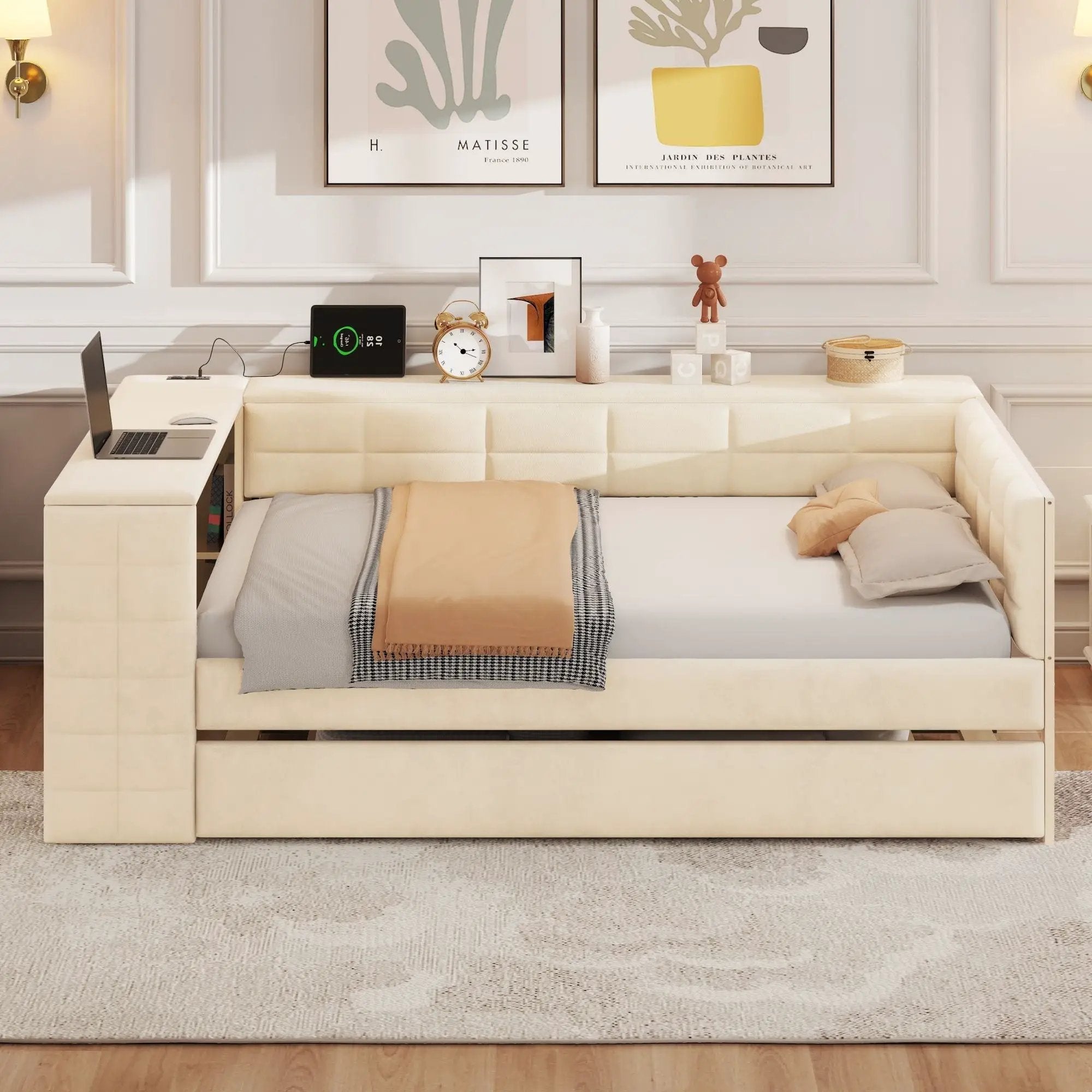 Upholstered Platform Bed With Storage Shelves, Desk, Charging Station And Trundle by Unique Piece Furniture