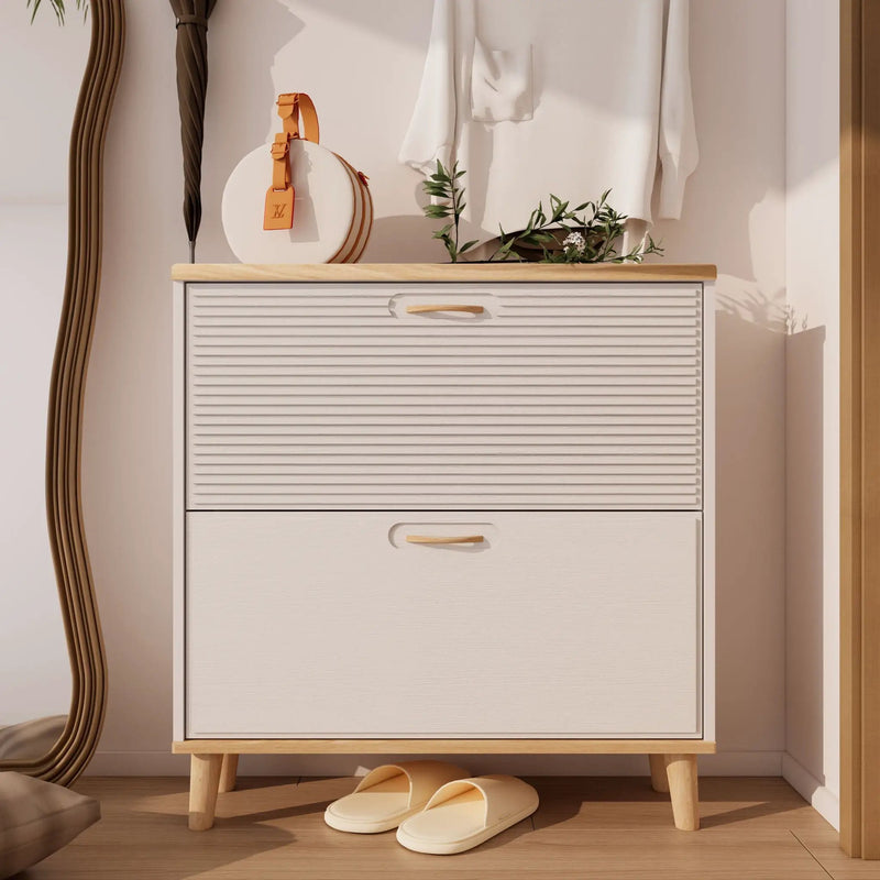 Narrow - Entryway Shoe Storage Cabinet With 2 Flip Drawers Legs - Natural / White by HouseOfZazla