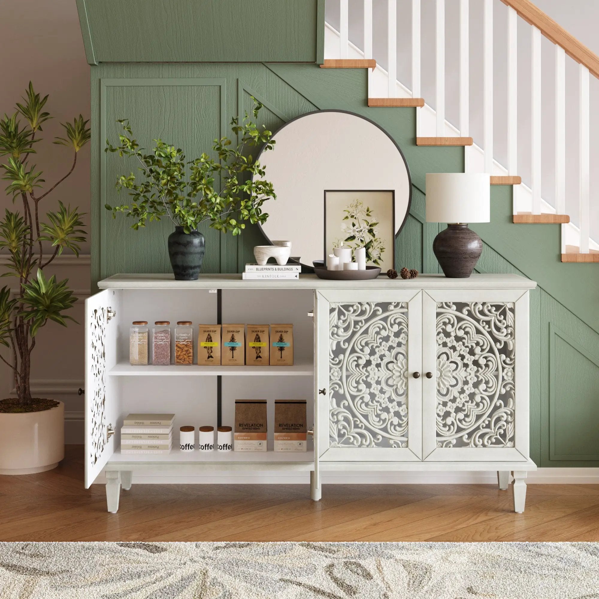 60" Antique Buffet Cabinet with Floral Carvings and Solid Wood Legs by HouseOfZazla