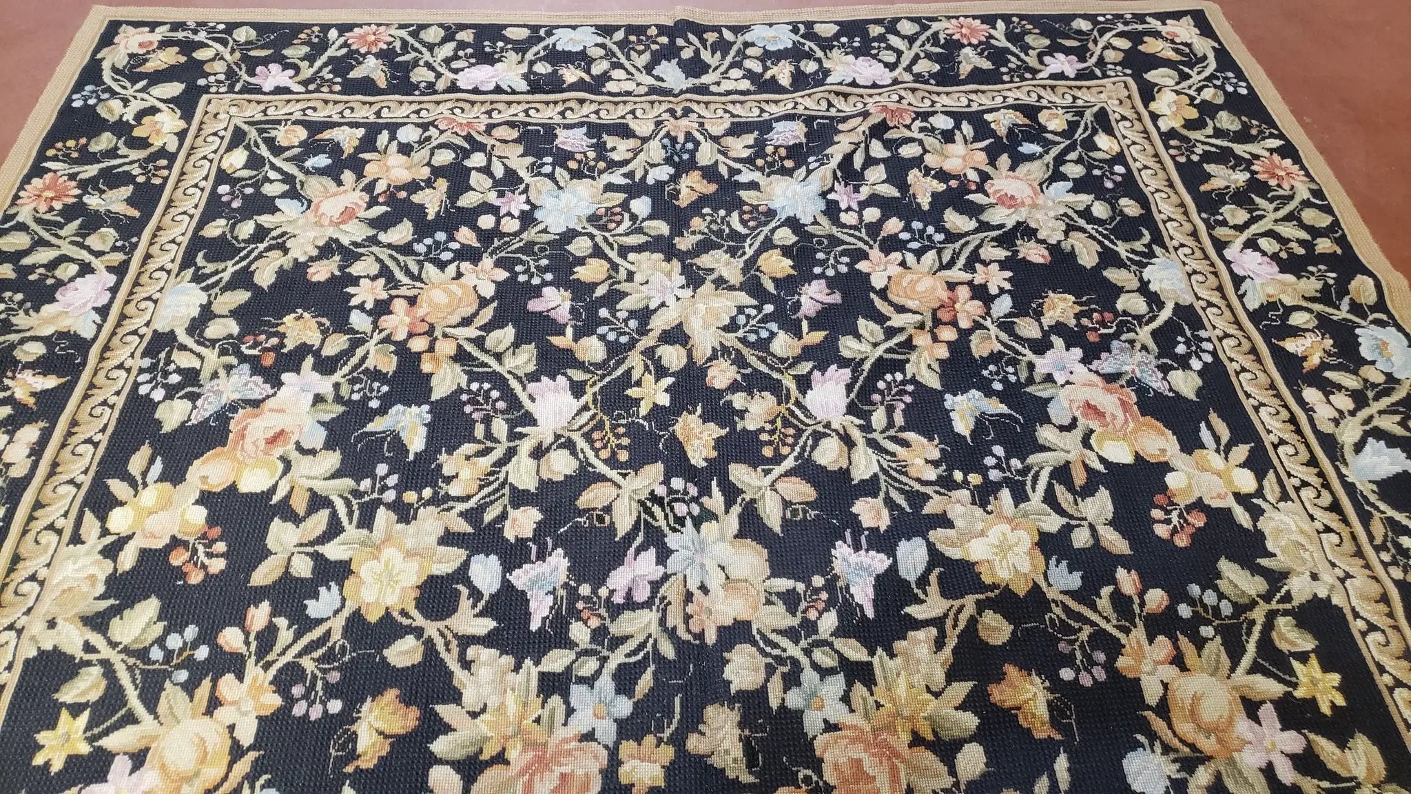 6x9 Vintage Needlepoint Rug, Petitepoint Carpet, Butterflies Floral Design by Jewel Rugs