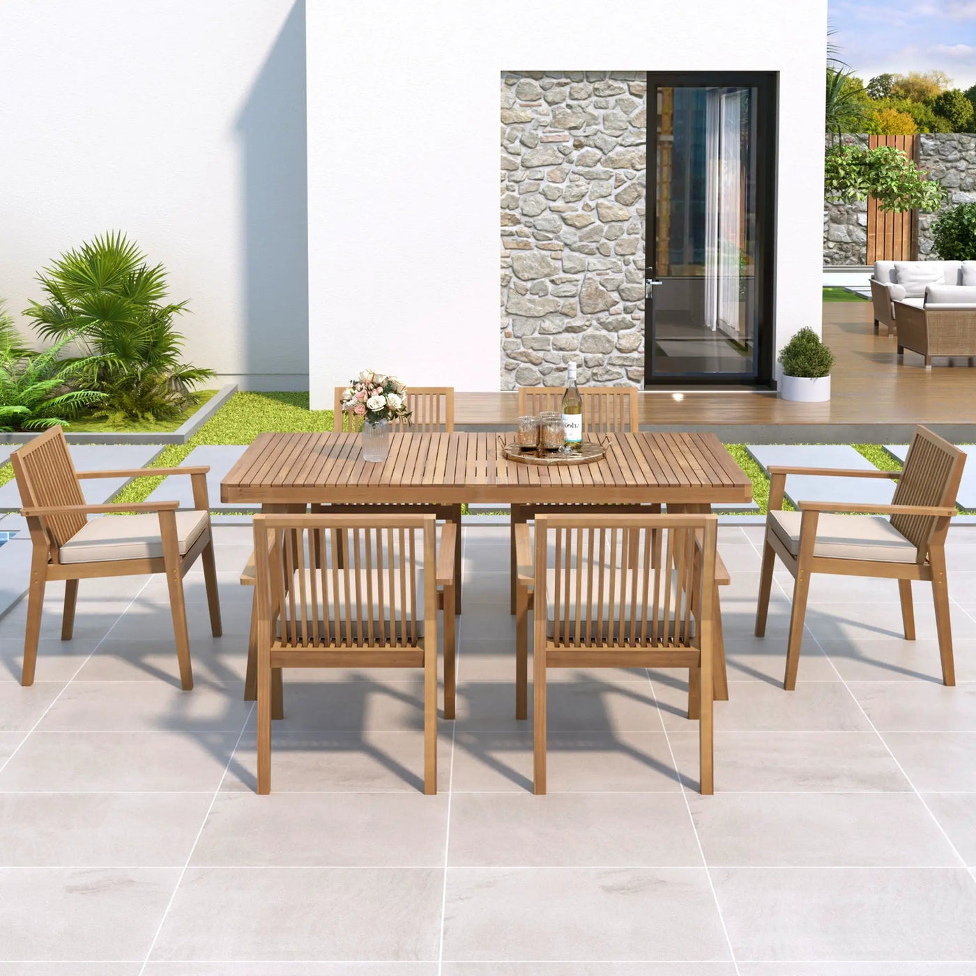 7 Piece Patio Furniture Set Acacia Wood Table And 6 Cushioned Chairs by HouseOfZazla