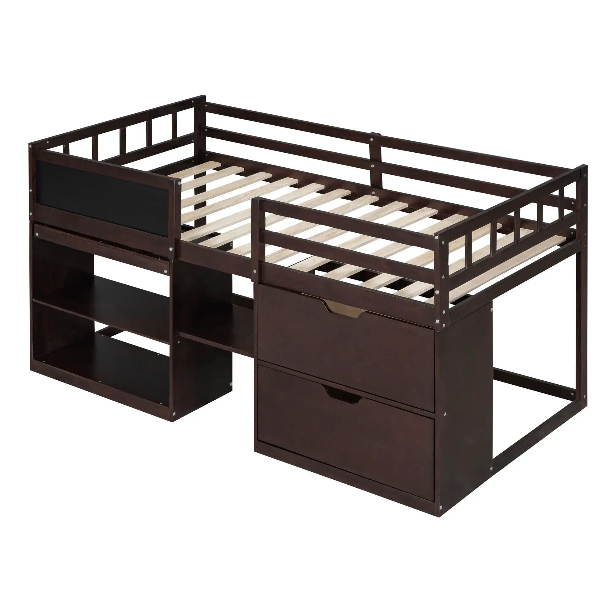 Low Loft Bed With Rolling Desk, Shelf And Drawers by HouseOfZazla