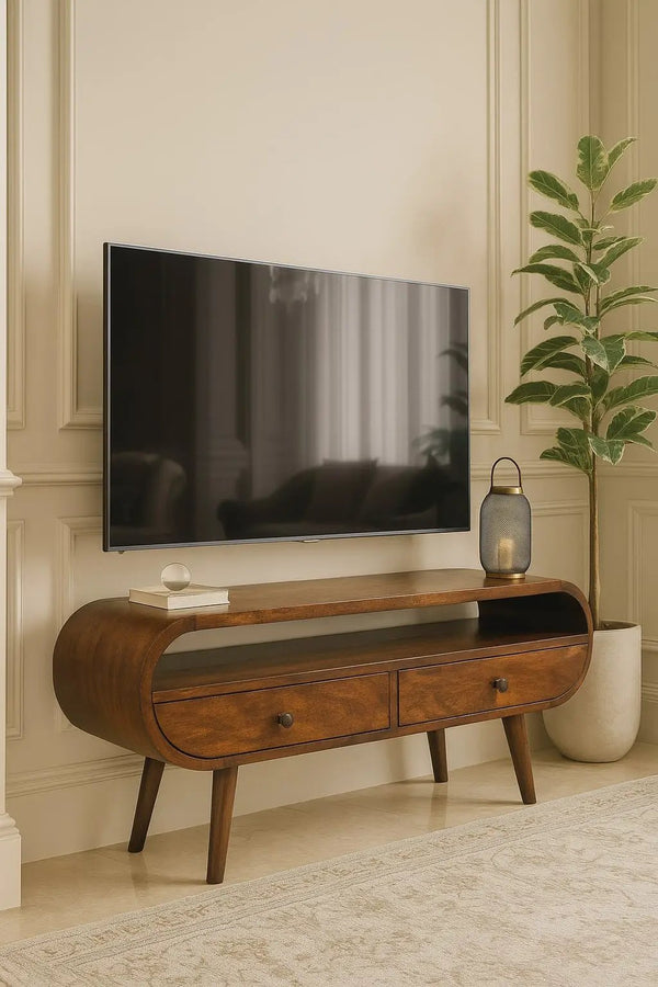 Chestnut Circular TV Stand, 2-Drawers, Open Slot, Nordic Legs