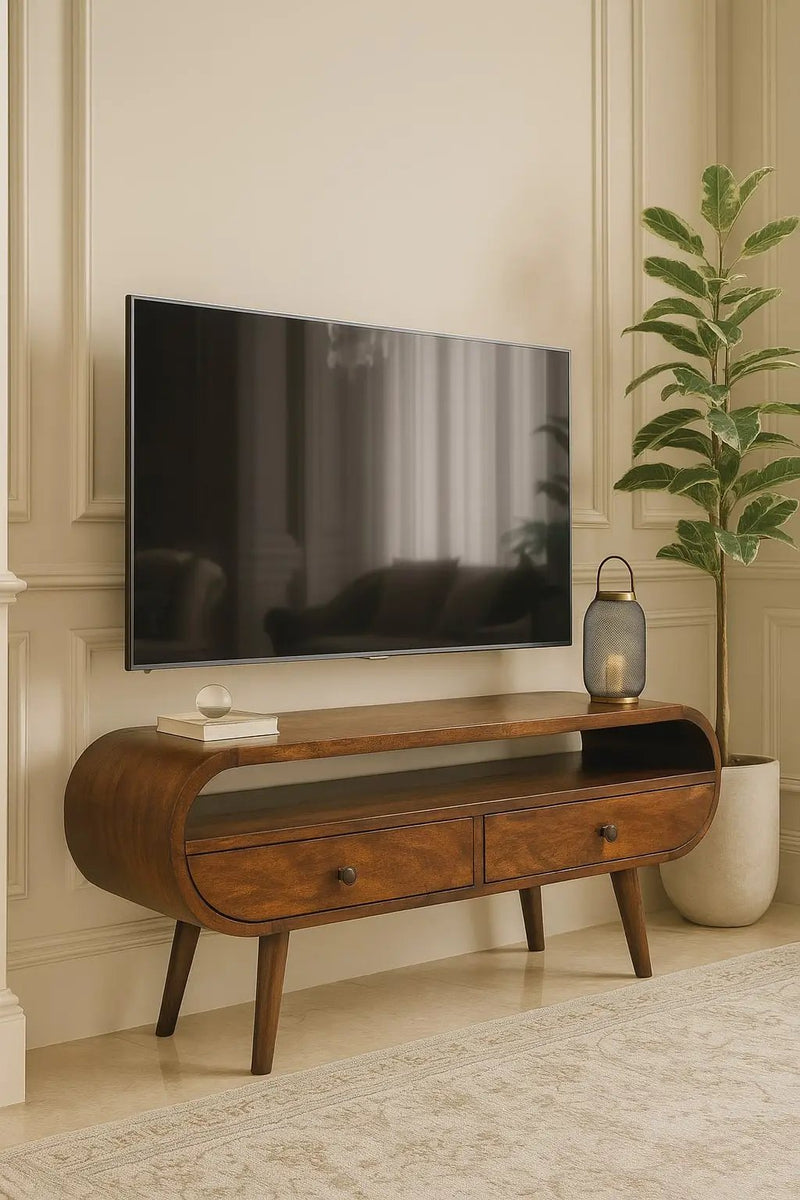 Chestnut Circular TV Stand, 2-Drawers, Open Slot, Nordic Legs by HouseOfZazla