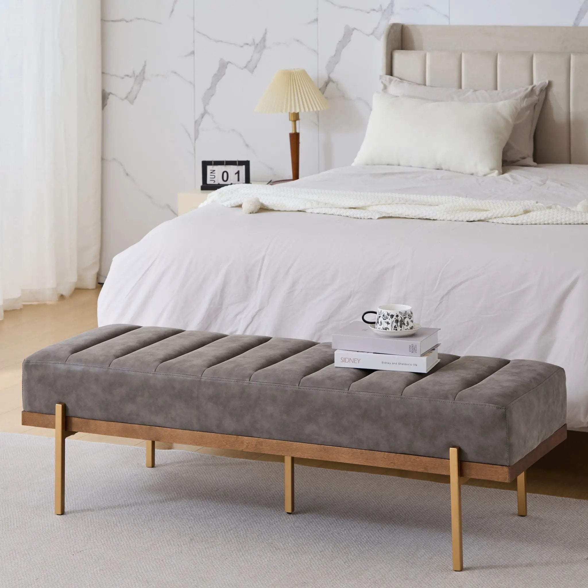 Thorian Luxury Upholstered Ottoman Bench with Channel Tufting and Metal Base by HouseOfZazla