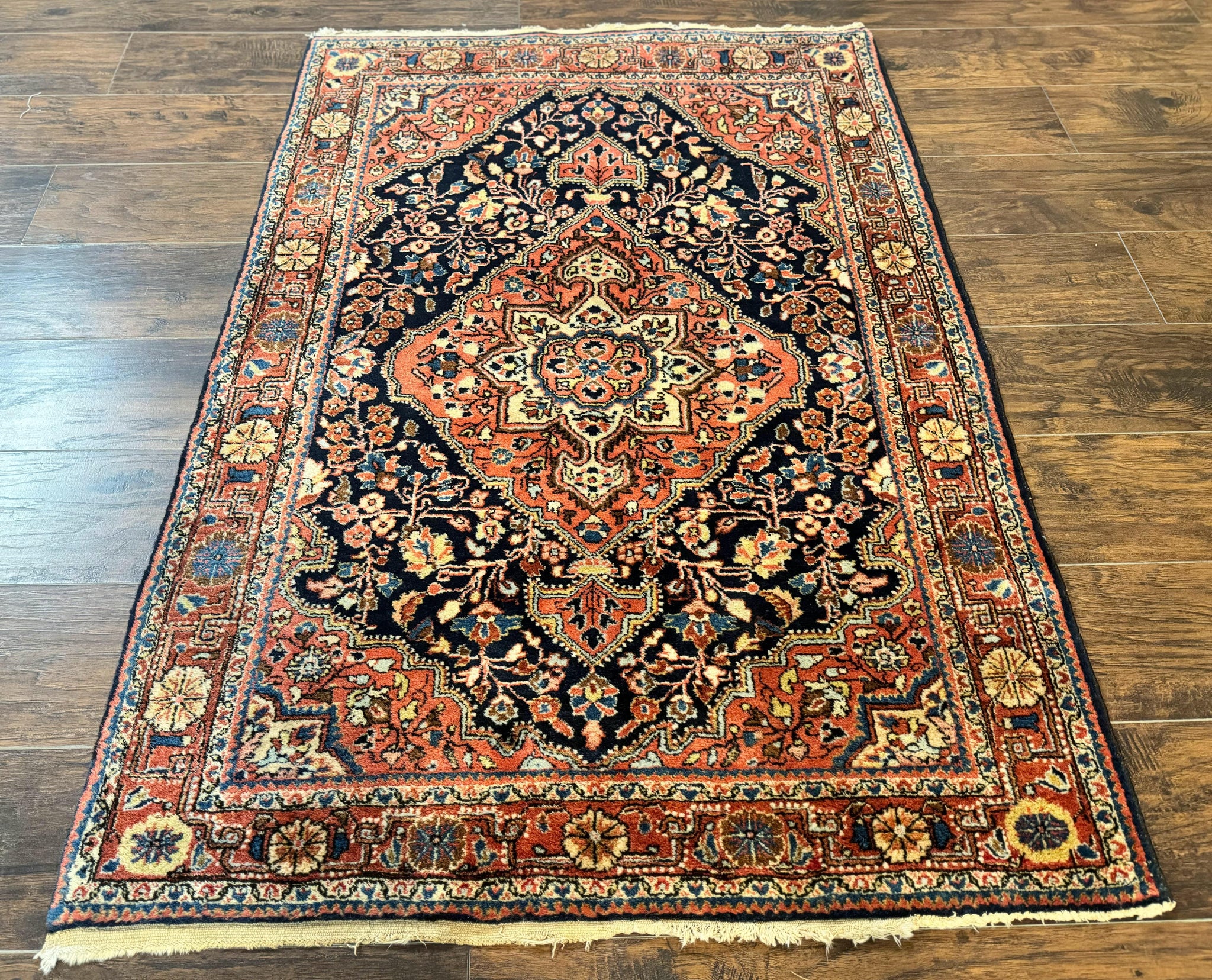 Persian Sarouk Rug 3.6 x 5, Medallion Rug, Red and Midnight Blue, Handmade Semi Antique Vintage Wool Carpet by Jewel Rugs