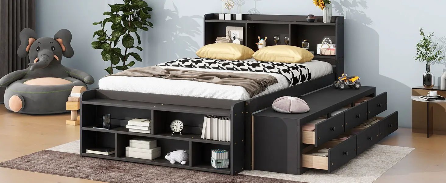 Bed With Bookcase Headboard, Under Bed Storage Drawers And Bed End Storage Case by HouseOfZazla