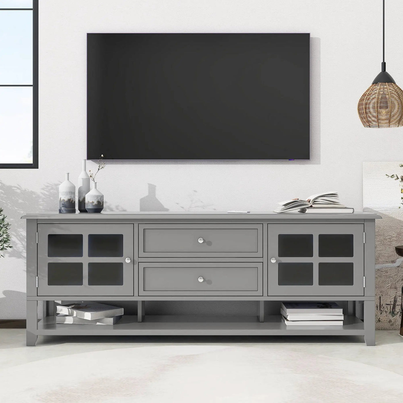 TV Stand, Entertainment Center With Dual Drawers And Hidden Storage, Cabinet With Soft Closing Doors And Sleek Panel Design by HouseOfZazla