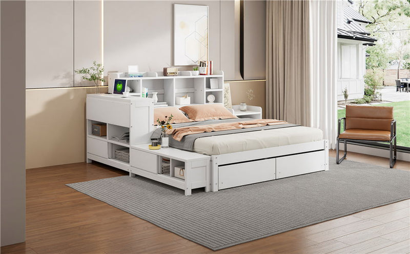 Platform Bed With Multi Functional Storage Space, Nightstand, 2 Drawers, USB Ports And Desk by HouseOfZazla
