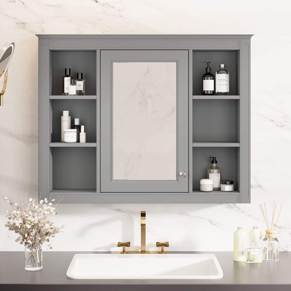 Wall Mounted Medicine Cabinet with Mirror and 6 Open Shelves - Multiple Colors, photo 5 of 16