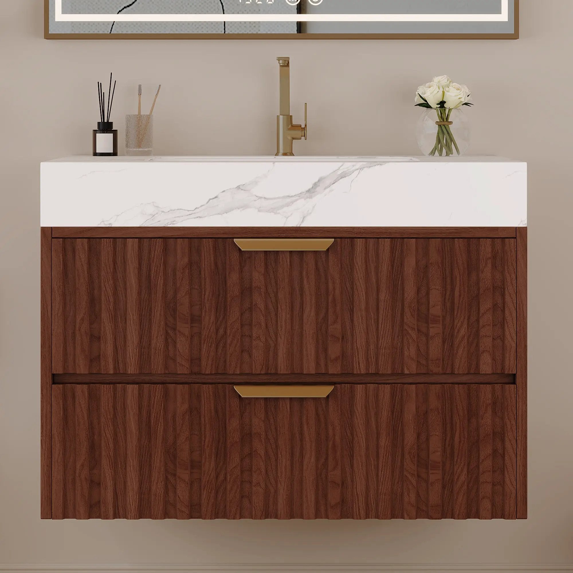 30" Modern Floating Bathroom Vanity with Seamless Sintered Stone Top by HouseOfZazla