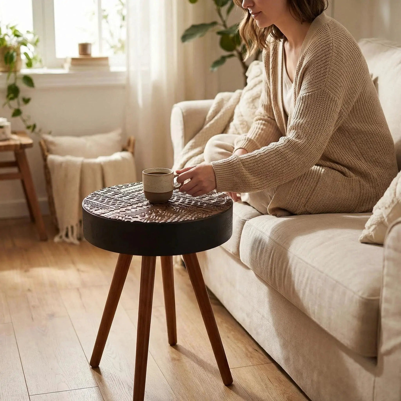 Round Coffee Table With Carved Top For Living Room by HouseOfZazla