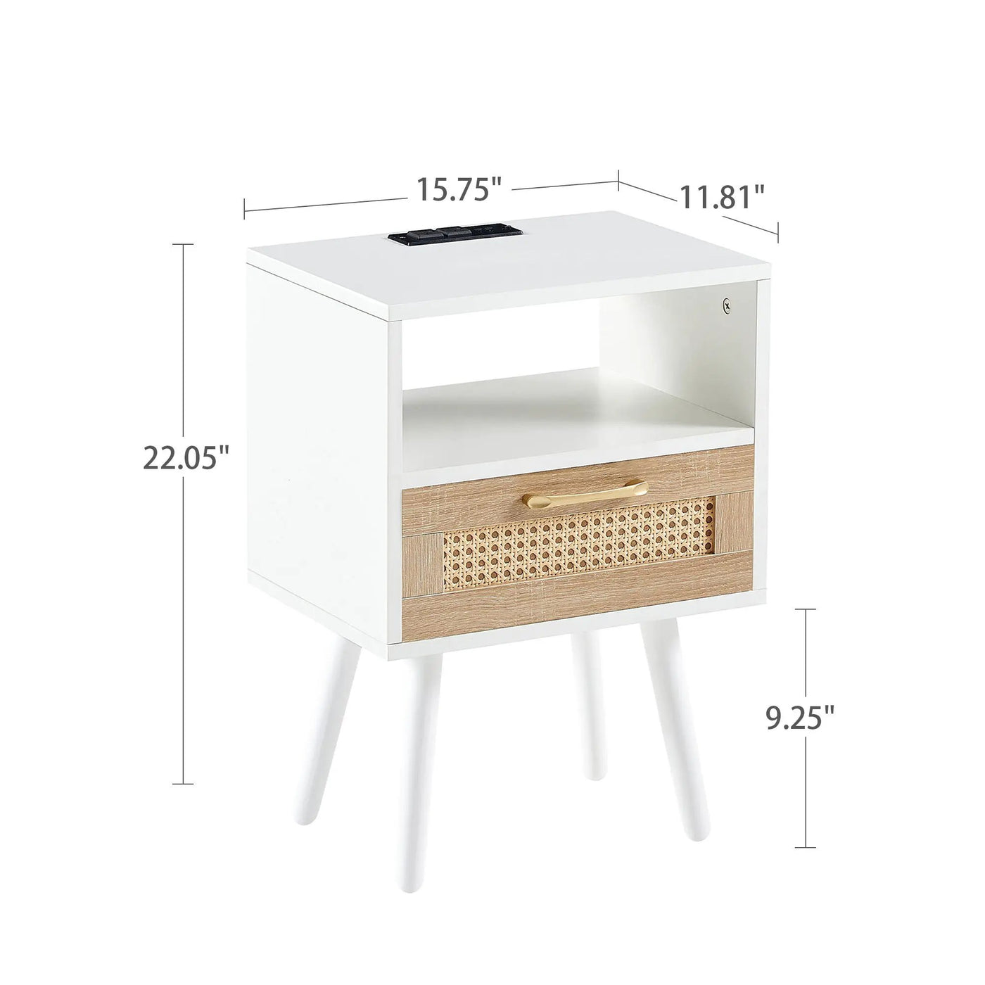 15.75" Rattan End Table With Power Outlet & USB Ports, Modern Nightstand With Drawer And Solid Wood Legs, Side Table For Living Room, Bedroom by HouseOfZazla