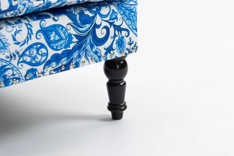Upholstered Accent Chair with Blue and White Porcelain Print Linen Fabric by HouseOfZazla