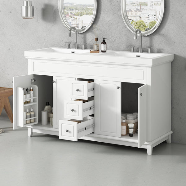60" Bathroom Vanity with Resin Double Sinks, 3 Drawers & 4 Doors - White