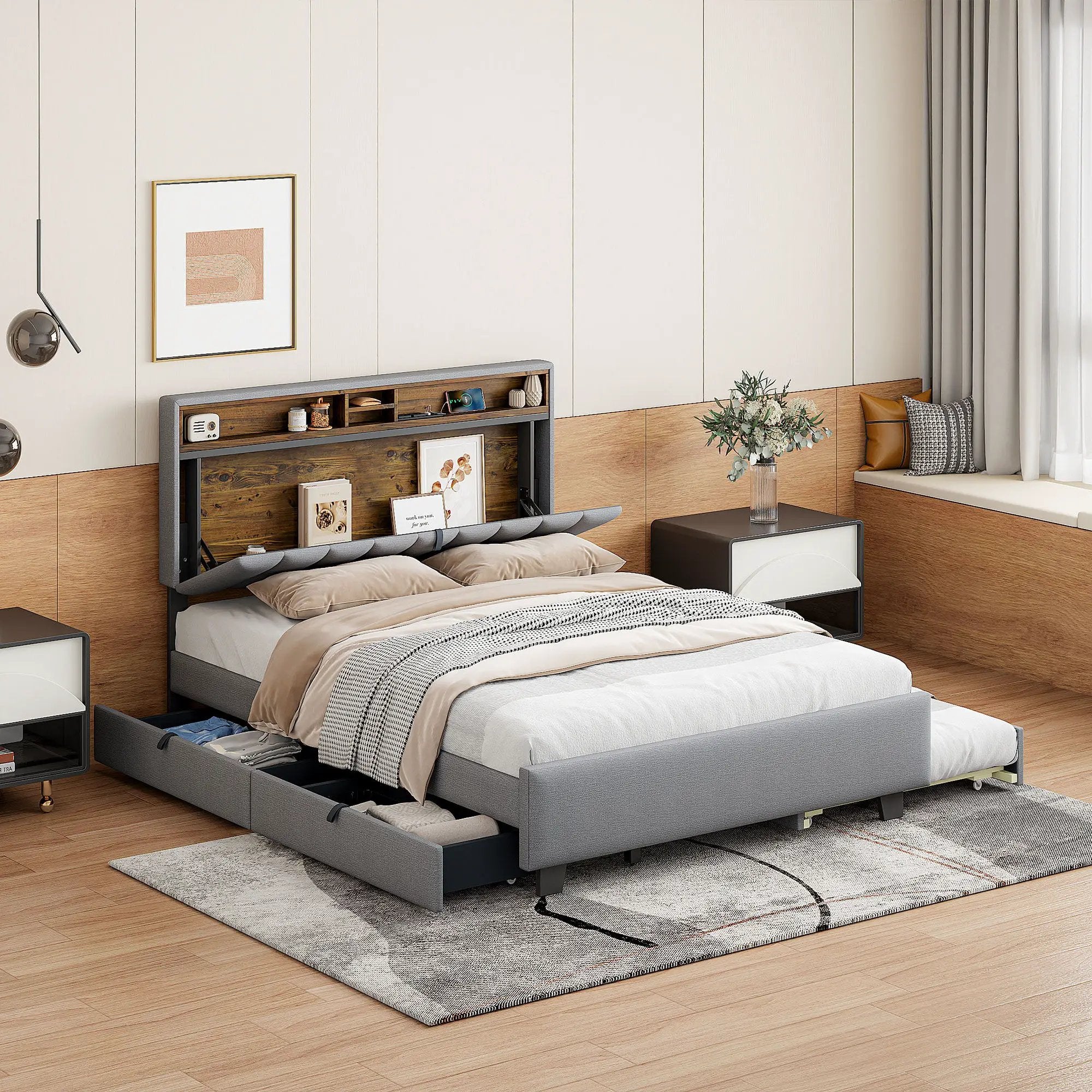 Upholstered Platform Bed With Storage Headboard, Trundle & 2 Drawers And A Set Of Sockets & USB Ports by HouseOfZazla