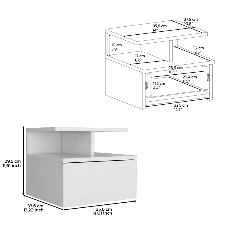 Floating Nightstand Wall Mounted With Single Drawer And 2 Tier Shelf - White by HouseOfZazla