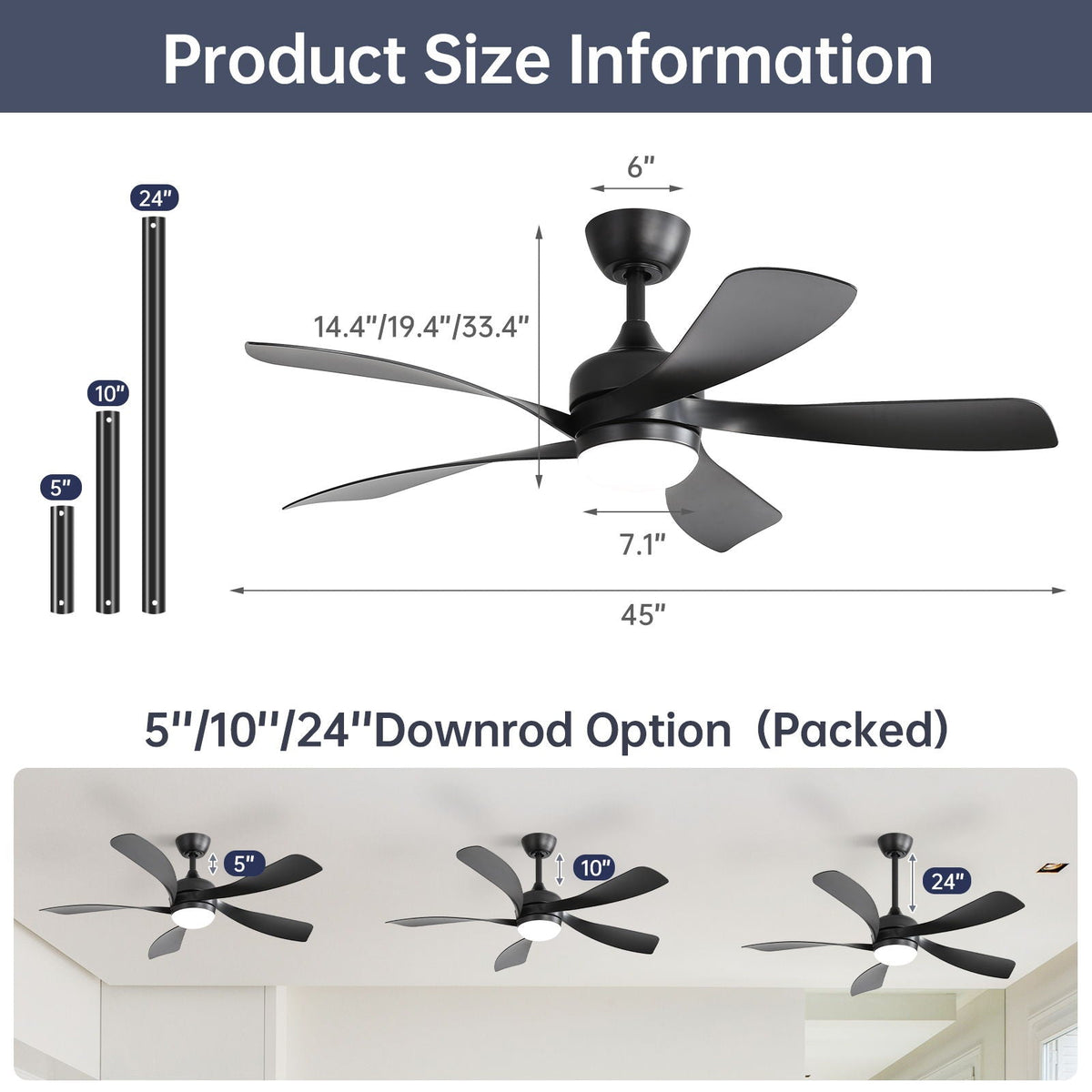 45-Inch Ceiling Fan with DC Motor and Integrated Light - Wood Grain, photo 4 of 12