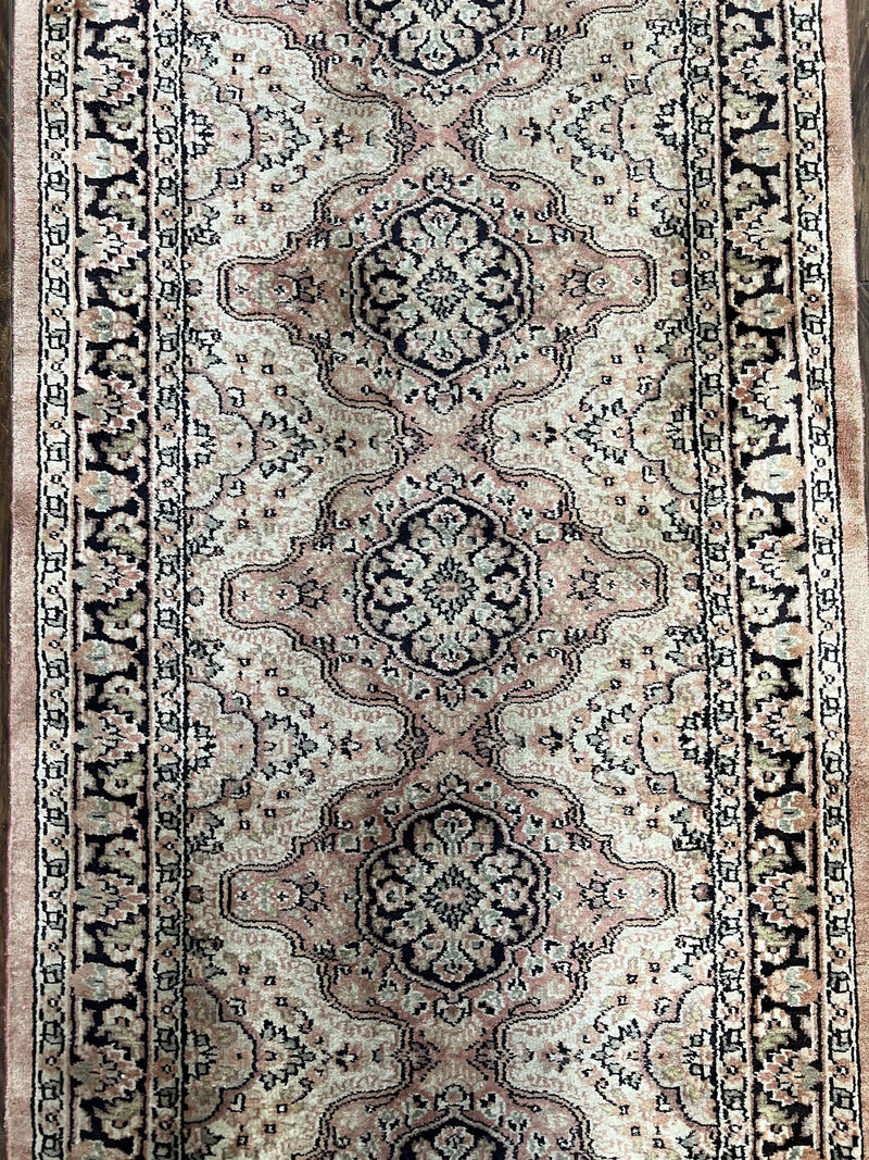Silk Kashmiri Runner 2.7 x 10 ft Vintage Rug, Ivory Pastel Pink, Hand-Knotted Vintage Runner, Hallway Carpet, Indian Rug Medallion Runner by Jewel Rugs