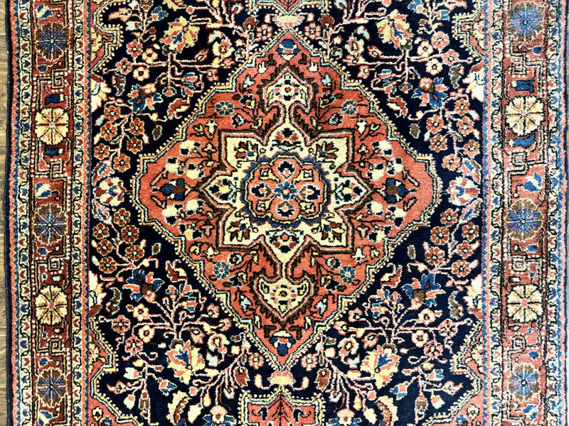 Persian Sarouk Rug 3.6 x 5, Medallion Rug, Red and Midnight Blue, Handmade Semi Antique Vintage Wool Carpet by Jewel Rugs