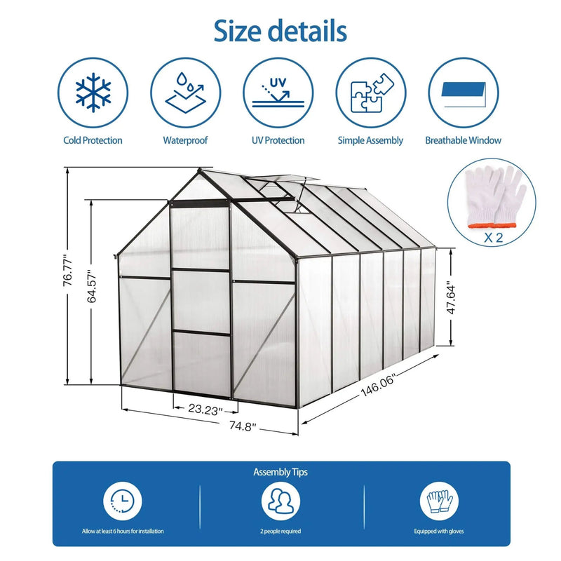 [06X12FT] Heavy-Duty Black Polycarbonate Greenhouse With Raised Base And Anchor (SAK92451) by SAKSBY WHOLESALE