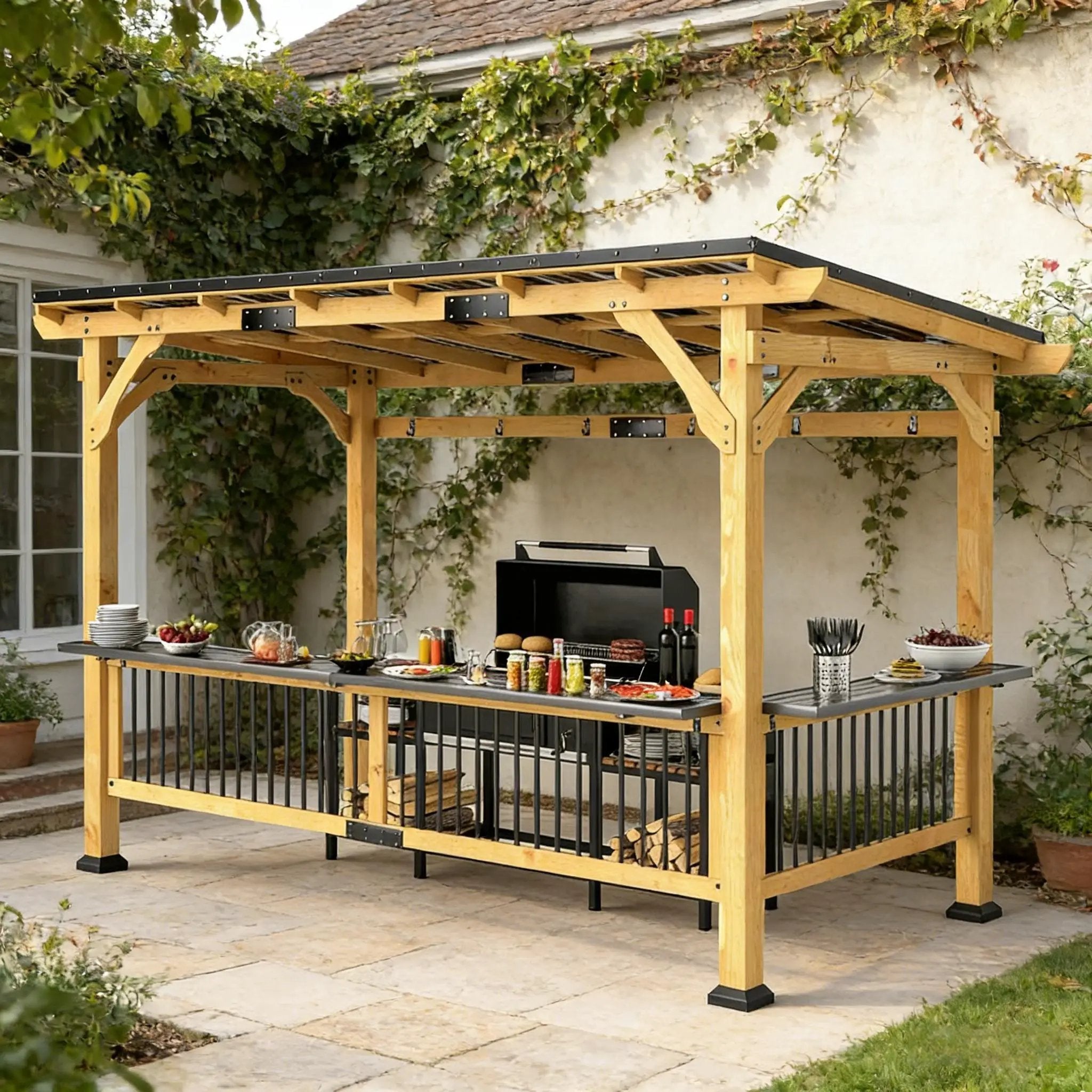 [06X13FT] Alora Premium Outdoor Hardtop Wooden BBQ Grill Gazebo (SAK97420) by SAKSBY WHOLESALE