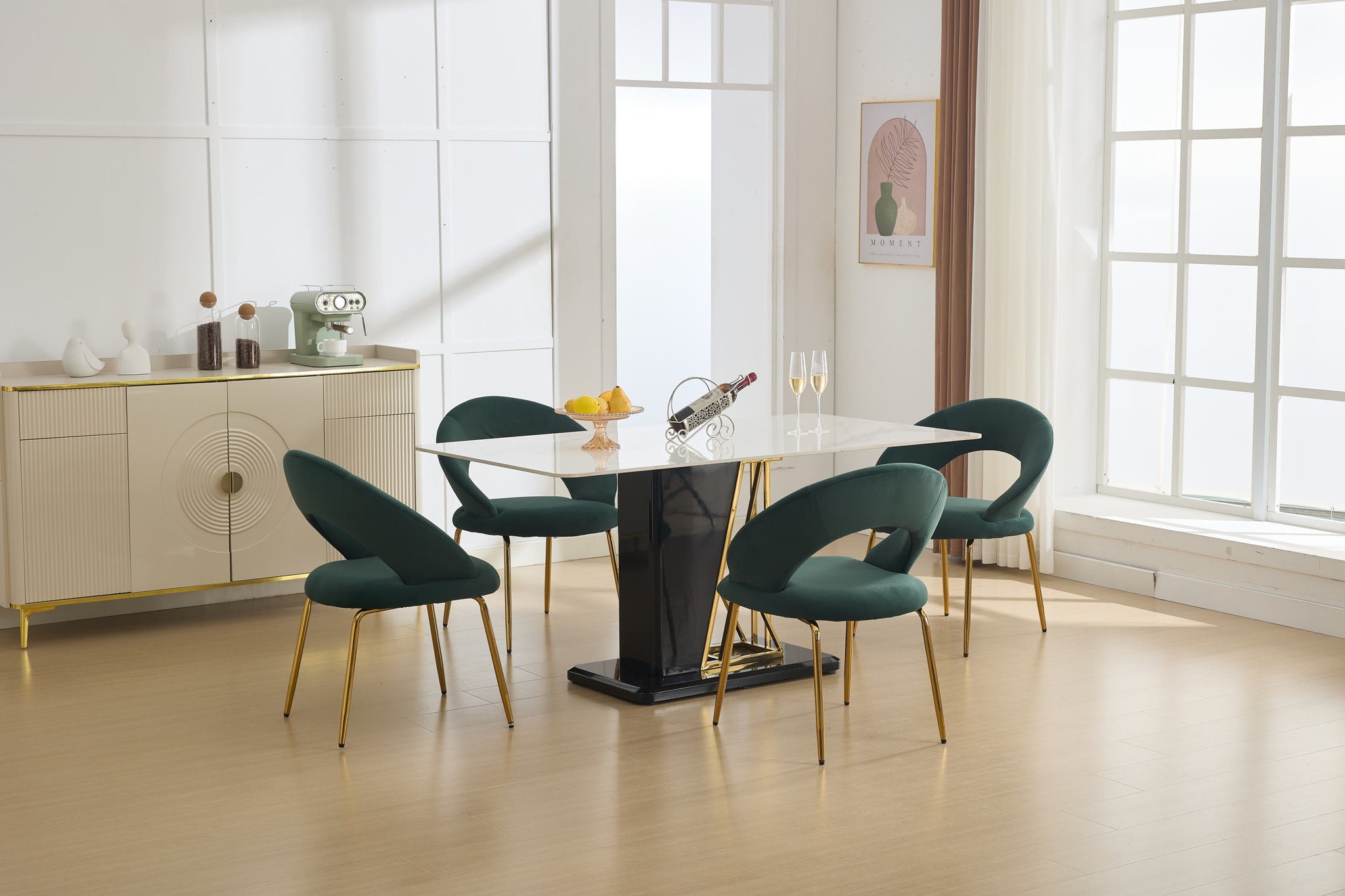 Velvet Fabric Dining Chair with Curved Backrest and Golden Metal Legs by HouseOfZazla