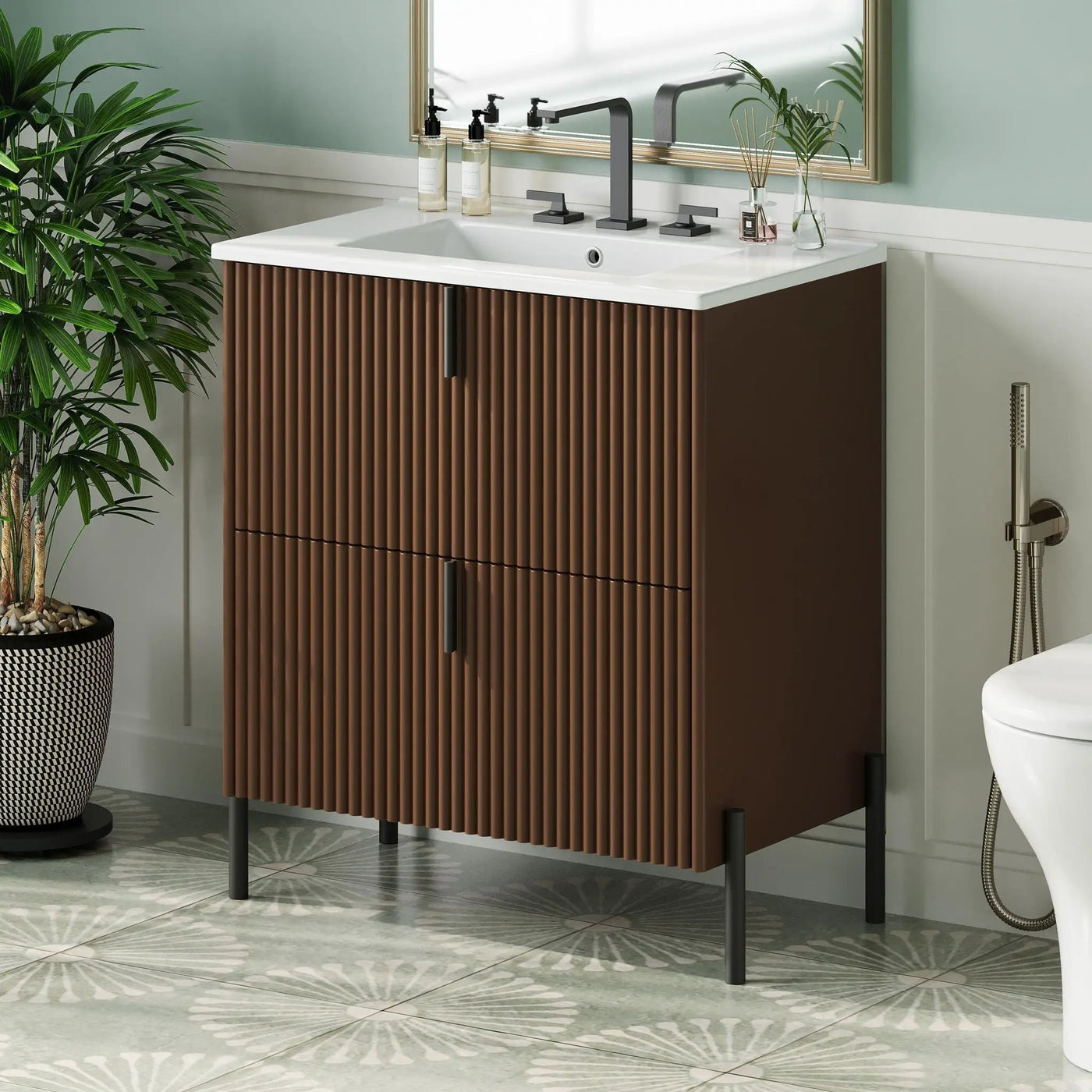 Fluted Bathroom Vanity With Ceramic Sink, Freestanding Design by HouseOfZazla