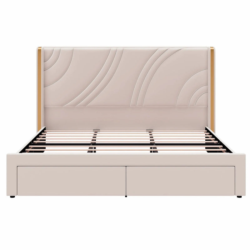Modern Upholstered LED Bed Frame With Storage Drawers, Wingback Headboard, RGB Light