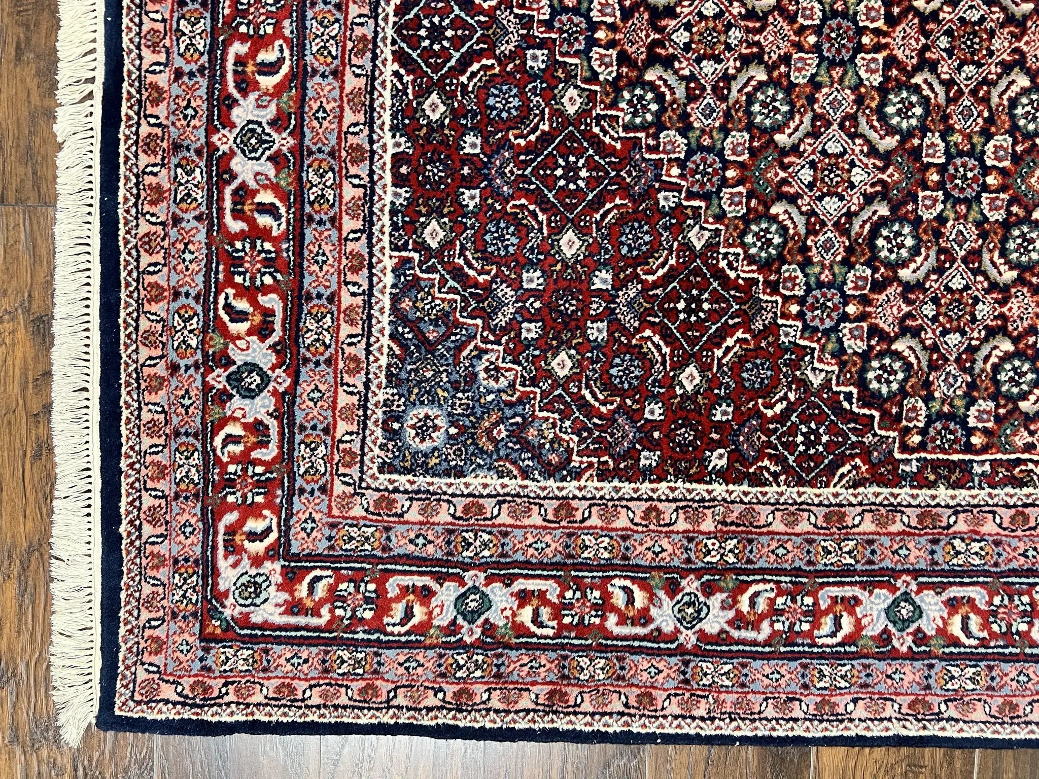 Indo Persian Rug 7x10, Dark Blue and Red Hand Knotted Wool Vintage Oriental Carpet 7 x 10 ft, Handmade Bidjar Rug, Herati Pattern Indian Rug by Jewel Rugs