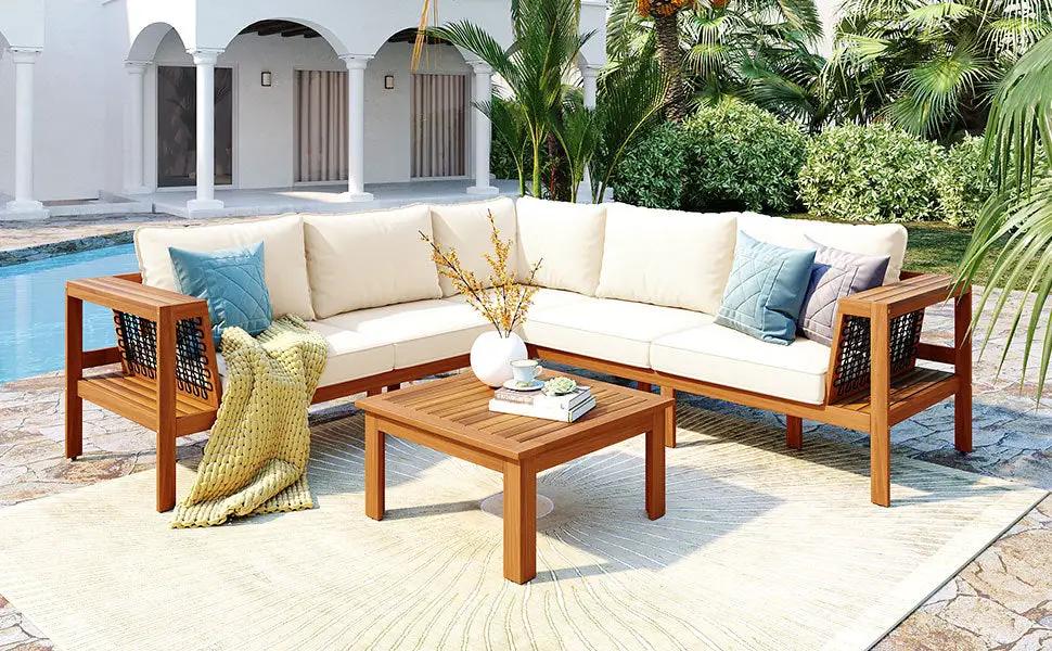 GO 4 Pieces Outdoor Acacia Wood Sofa Set with Coffee Table by HouseOfZazla