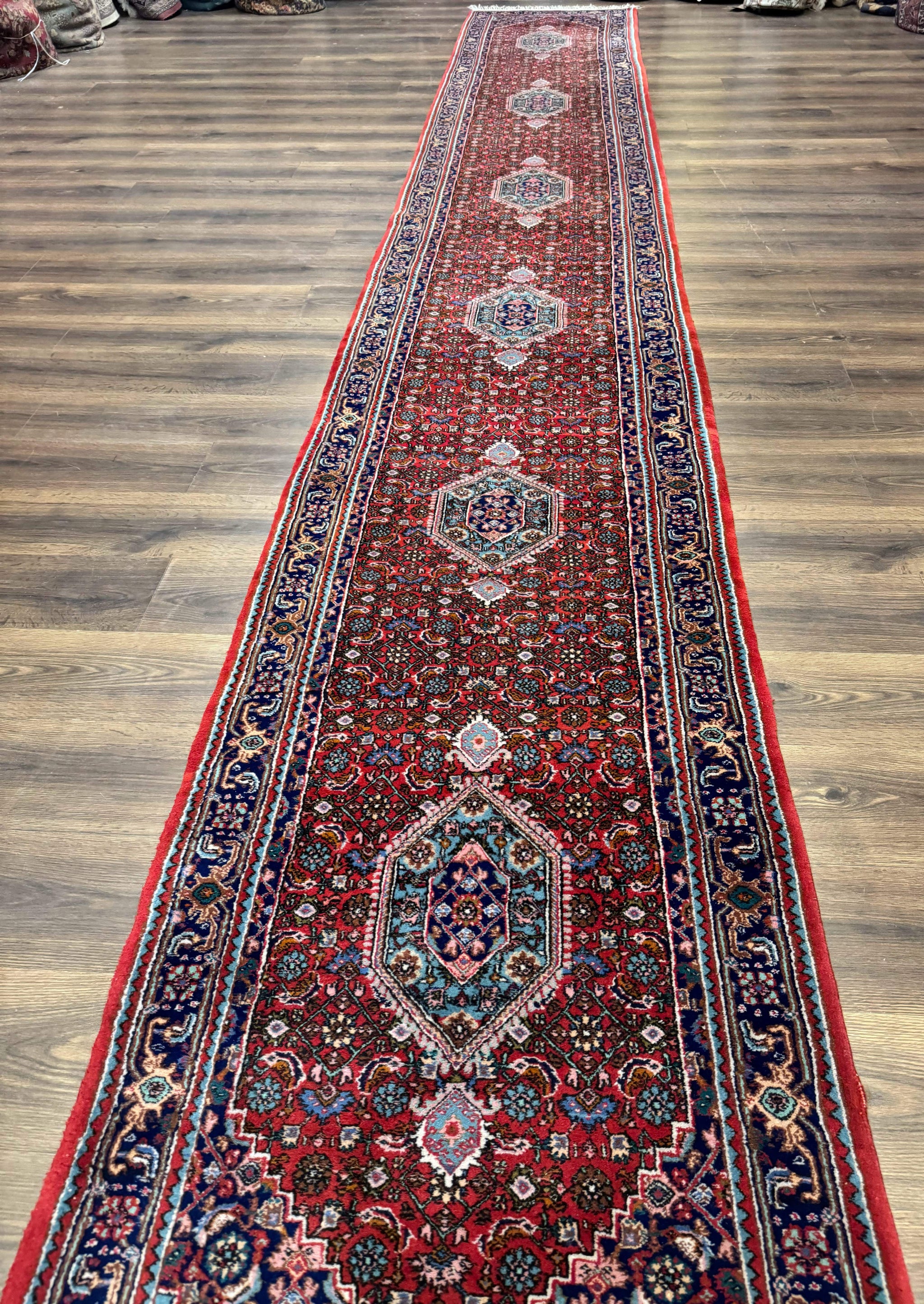 Indo Persian Bidjar Runner Rug 3 x 18.6, Red Navy Blue, Long Runner, Wool Oriental Carpet by Jewel Rugs