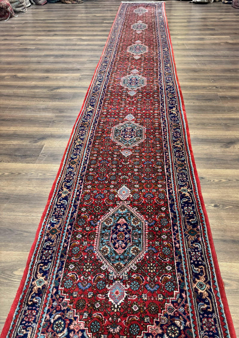 Indo Persian Bidjar Runner Rug 3 x 18.6, Red Navy Blue, Long Runner, Wool Oriental Carpet by Jewel Rugs