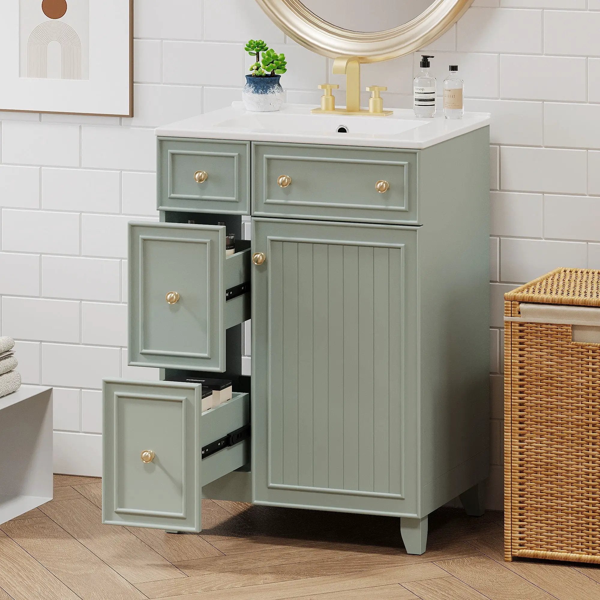 Transitional Style Bathroom Vanity Cabinet With Ceramic Sink by Unique Piece Furniture