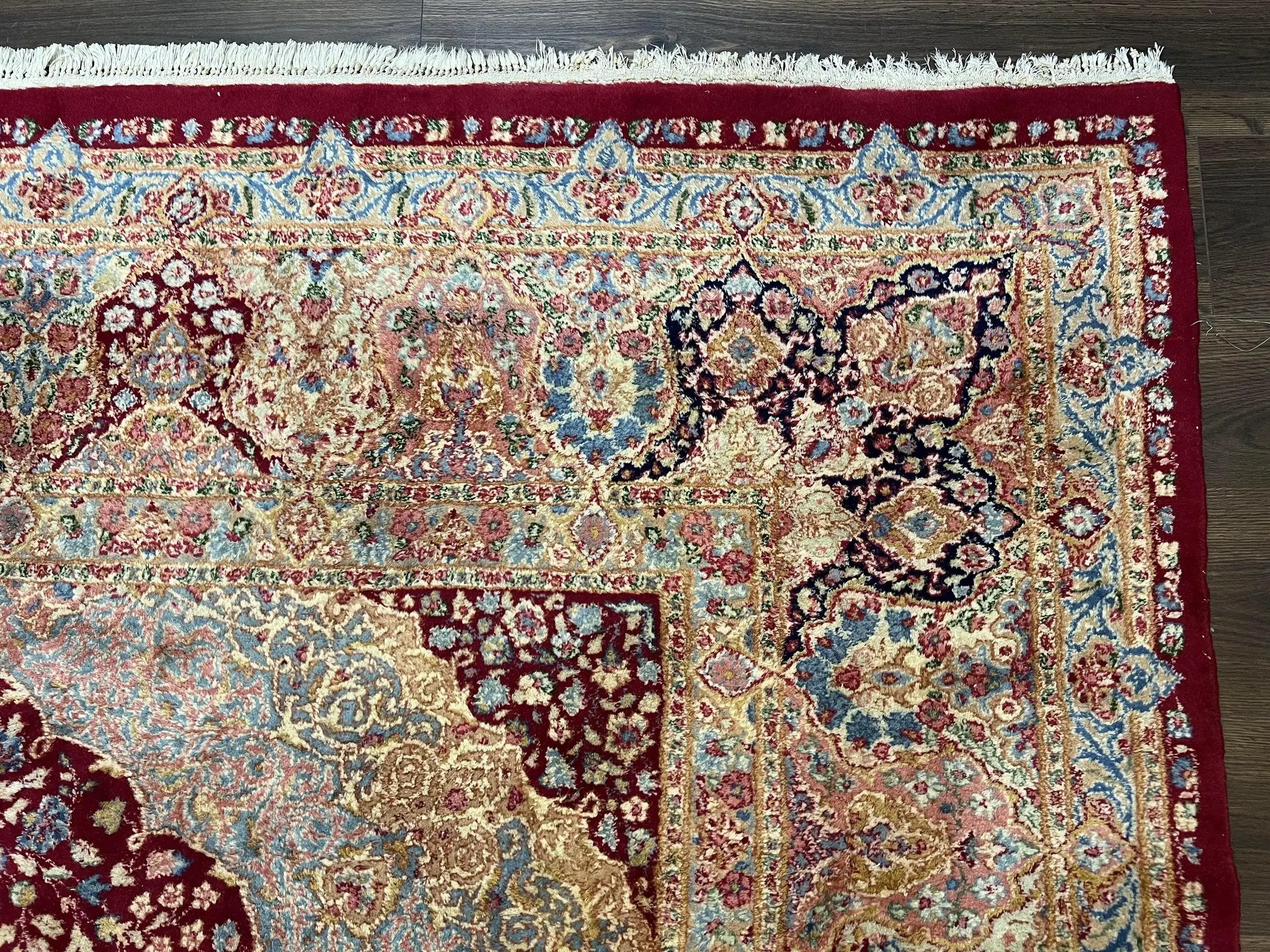 Persian Rug 9x12, Kirman DeLuxe, Millefleur Floral Medallion Carpet, Maroon Light Blue Beige, Semi Antique Authentic Hand Knotted Wool Rug by Jewel Rugs