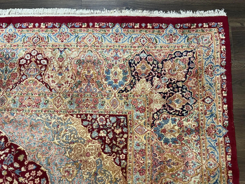 Persian Rug 9x12, Kirman DeLuxe, Millefleur Floral Medallion Carpet, Maroon Light Blue Beige, Semi Antique Authentic Hand Knotted Wool Rug by Jewel Rugs