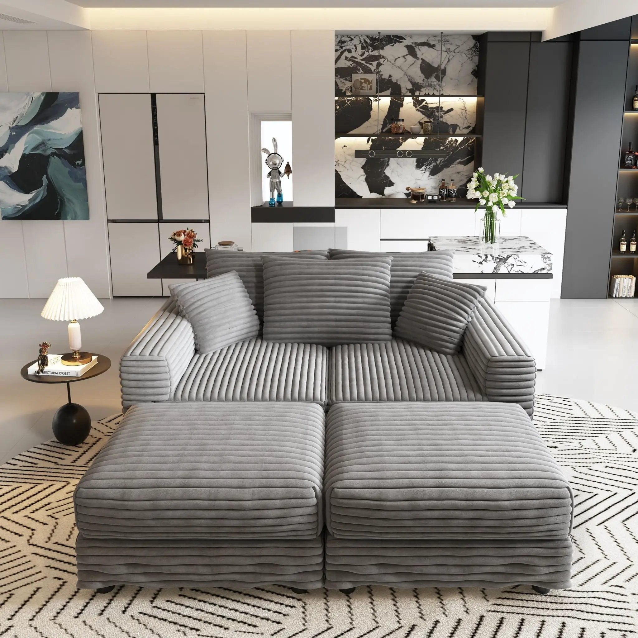 Convertible Deep Seat Sofa With Soft Pillows And Ottomans