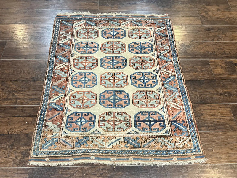 Turkish Kazak Rug 3x4, Wool Hand Knotted Handmade Vintage Carpet, Geometric Tribal Repeated Motif, Small 3 x 4 Antique Rug, Cream Red by Jewel Rugs