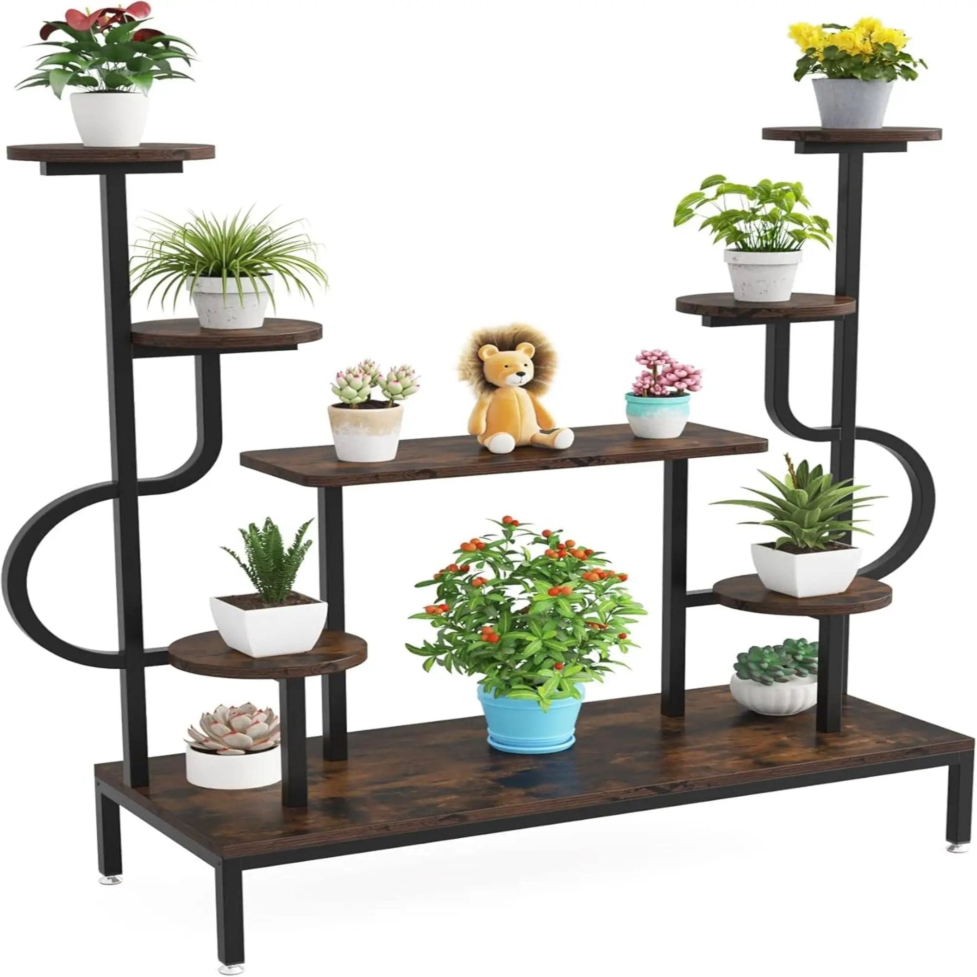 8 Tier Plant Stand With Round And Square Shelves For Living Room, Patio, Balcony & Garden - Brown / Black by HouseOfZazla