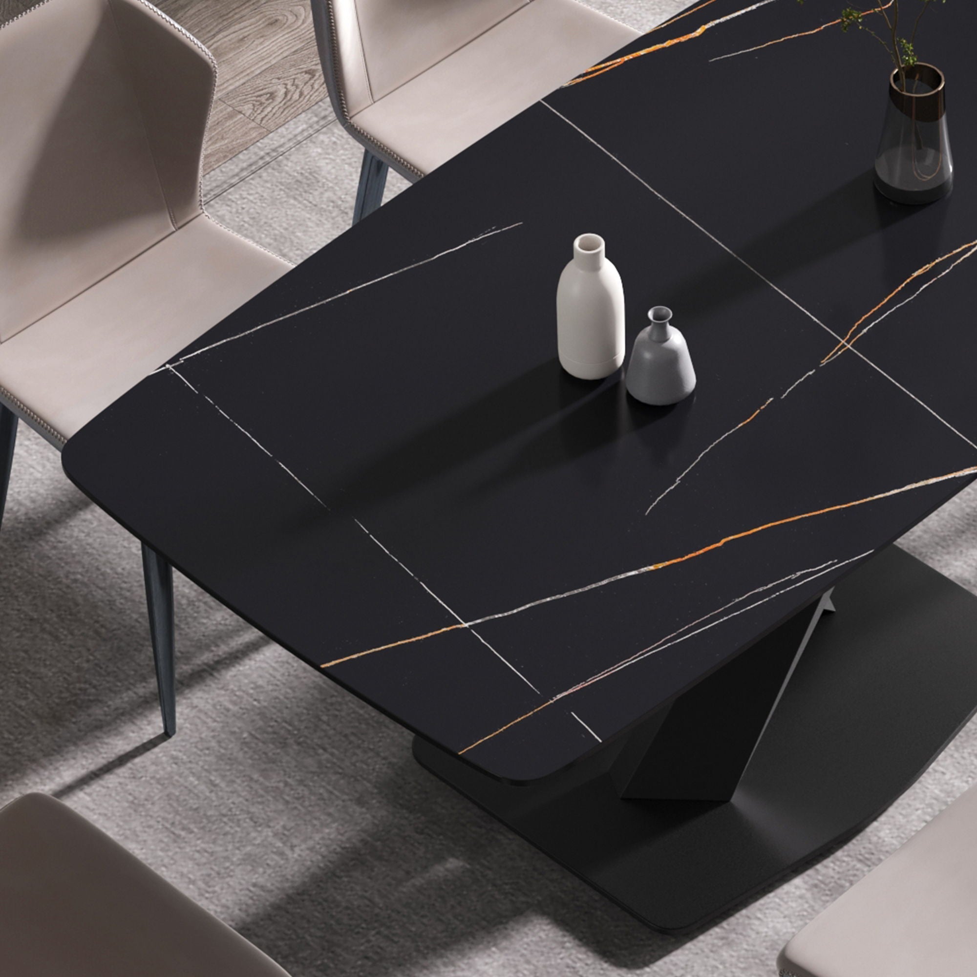 63" Artificial Stone Black Curved Black Metal Leg Dining Table - Black by HouseOfZazla