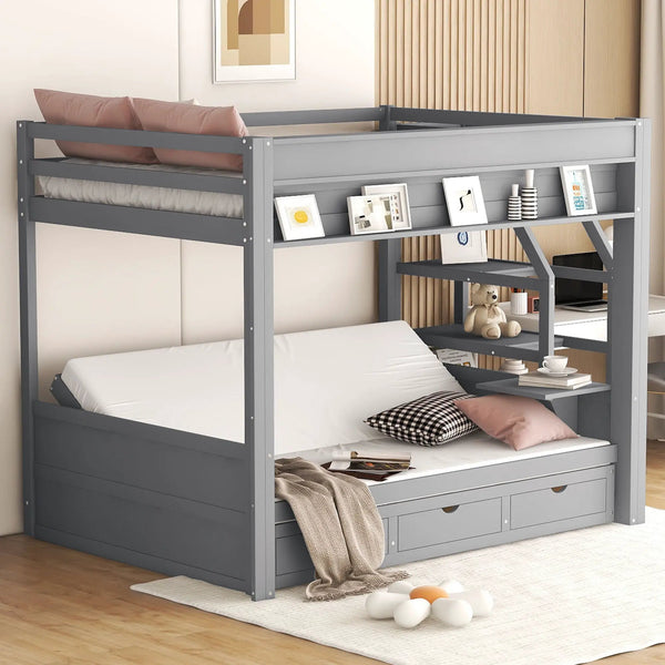 Wood Full Size Convertible Bunk Bed With Storage Staircase, Bedside Table, And 3 Drawers - Gray, photo 2 of 7